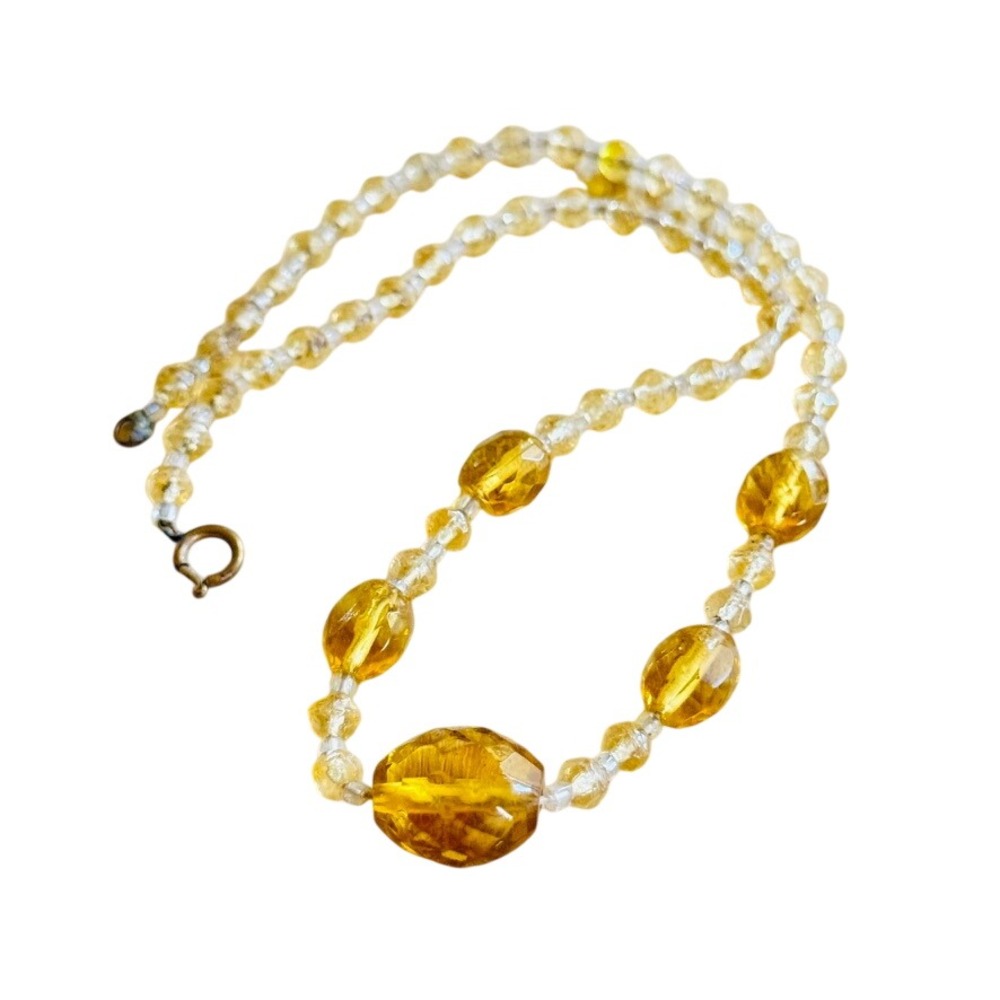 VTG Art Deco Czech Amber Yellow Glass Necklace Flapper Beaded Carved Choker 16"